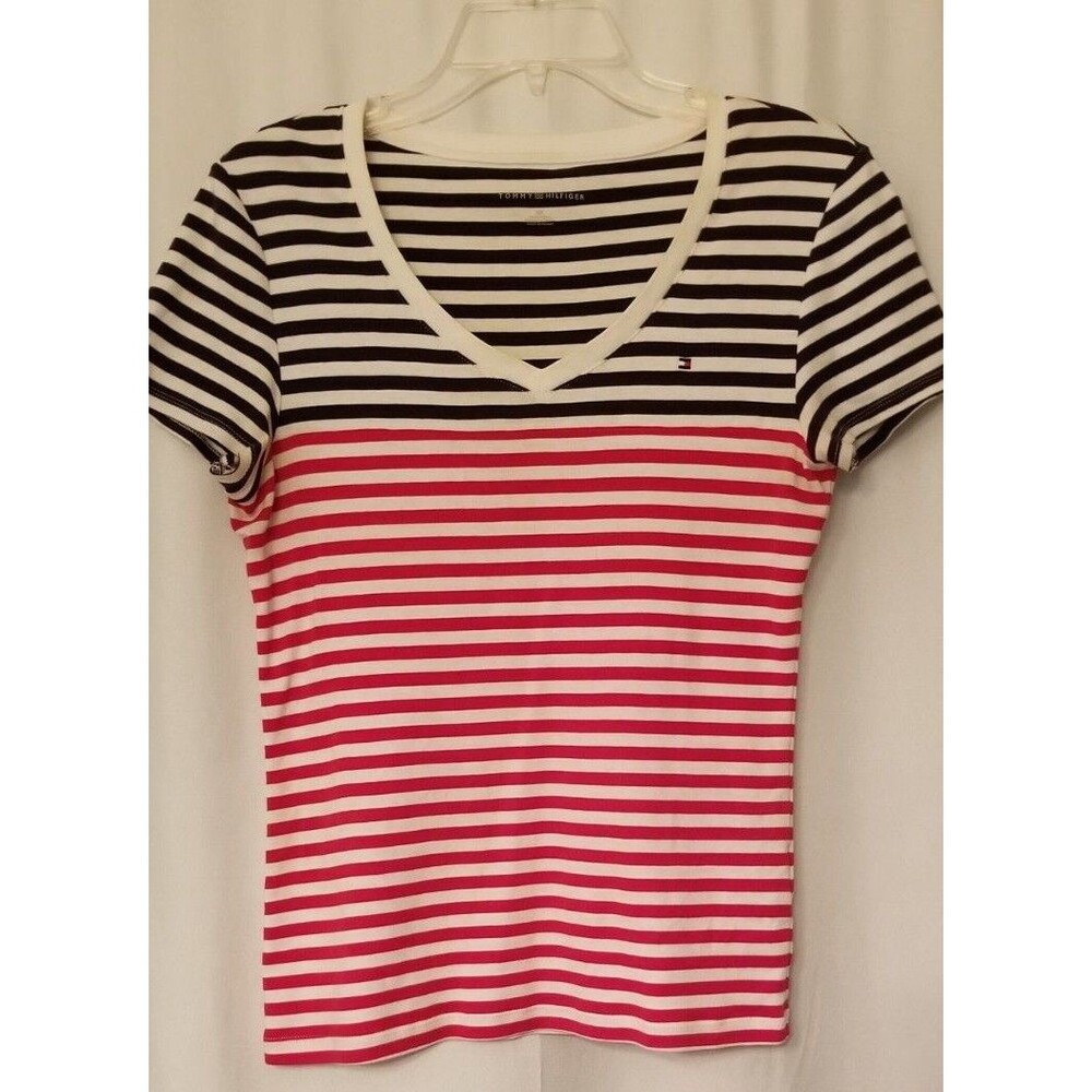 Tommy Hilfiger Stripe Women's V-Neck Top Red &White & Blue Logo USA Size Small - Picture 1 of 5